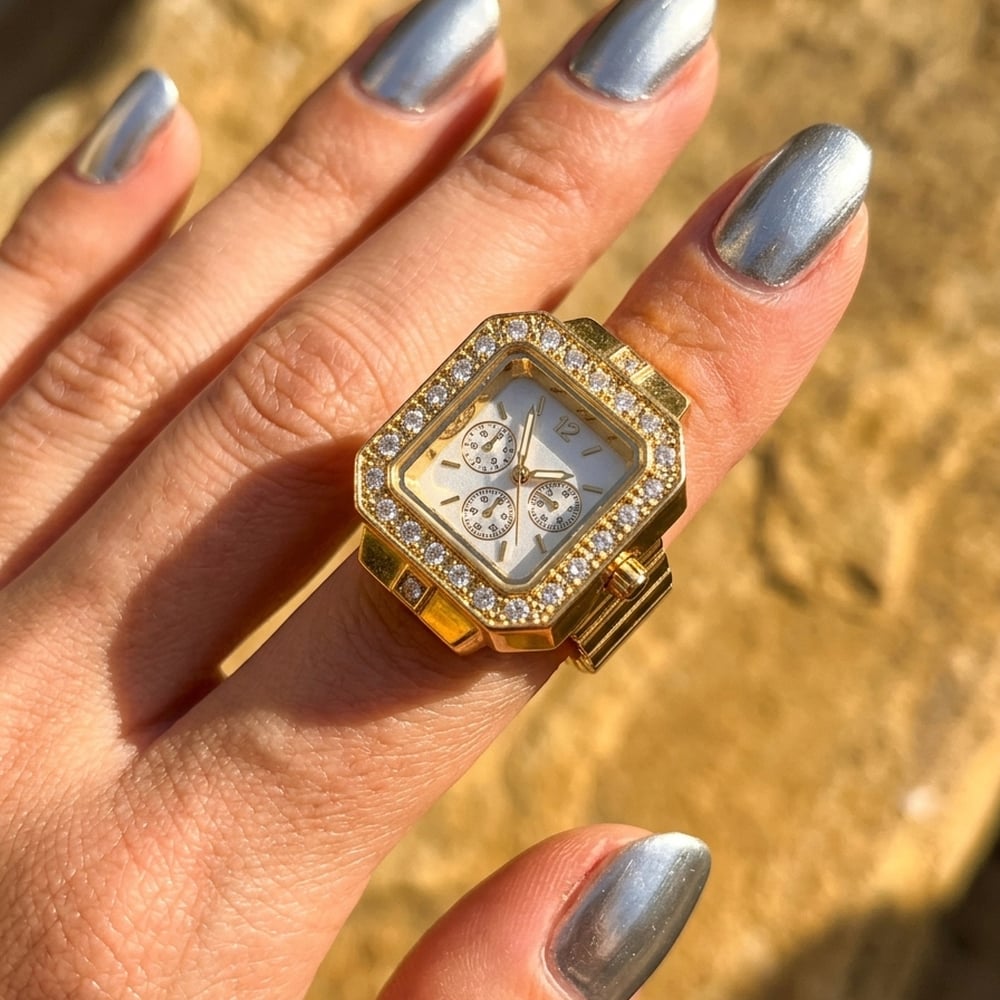 Handmade Stainless Steel 18K Gold Studded Ring Watch